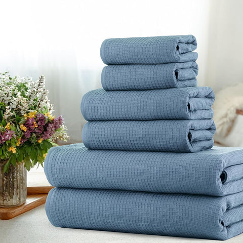 CASA COPENHAGEN Waffle Terry 6-piece set, cotton, extra large, luxurious, antique blue, 2 bath towels XL, 70x140 cm, 2 large hand towels, 50x80 cm