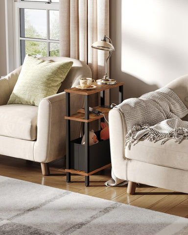 CHOEZON Slim Side Table with Charging Station, 3-Tier Narrow Side Table with Drawer, Skinny Bedside Table, End Table for Small Spaces, for Bedroom