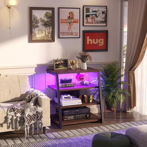 iSunirm AV Media Stand with Outlets, 4-Tier Media Console with LED Lights, Record Player Stand With Storage Shelves
