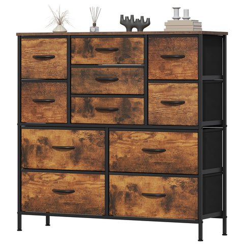 Feonase Chest of Drawers, Bedroom Tall Dresser with 11 Fabric Drawers, Metal Frame & MDF Wood Top, Adjustable Feet