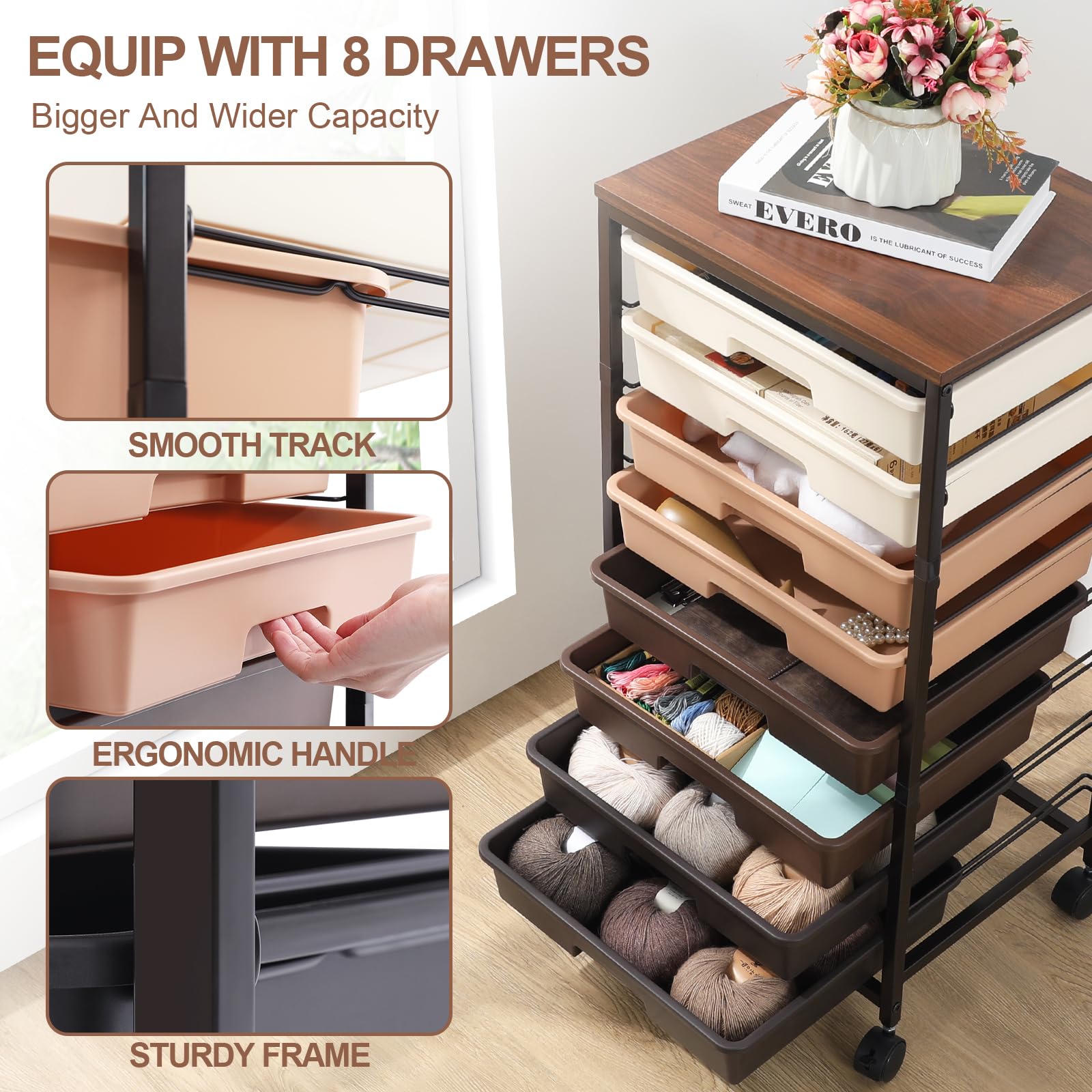 SYKIARIOL 8-Drawer Storage Trolley Rolling Cart with Lockable Wheels, Brown