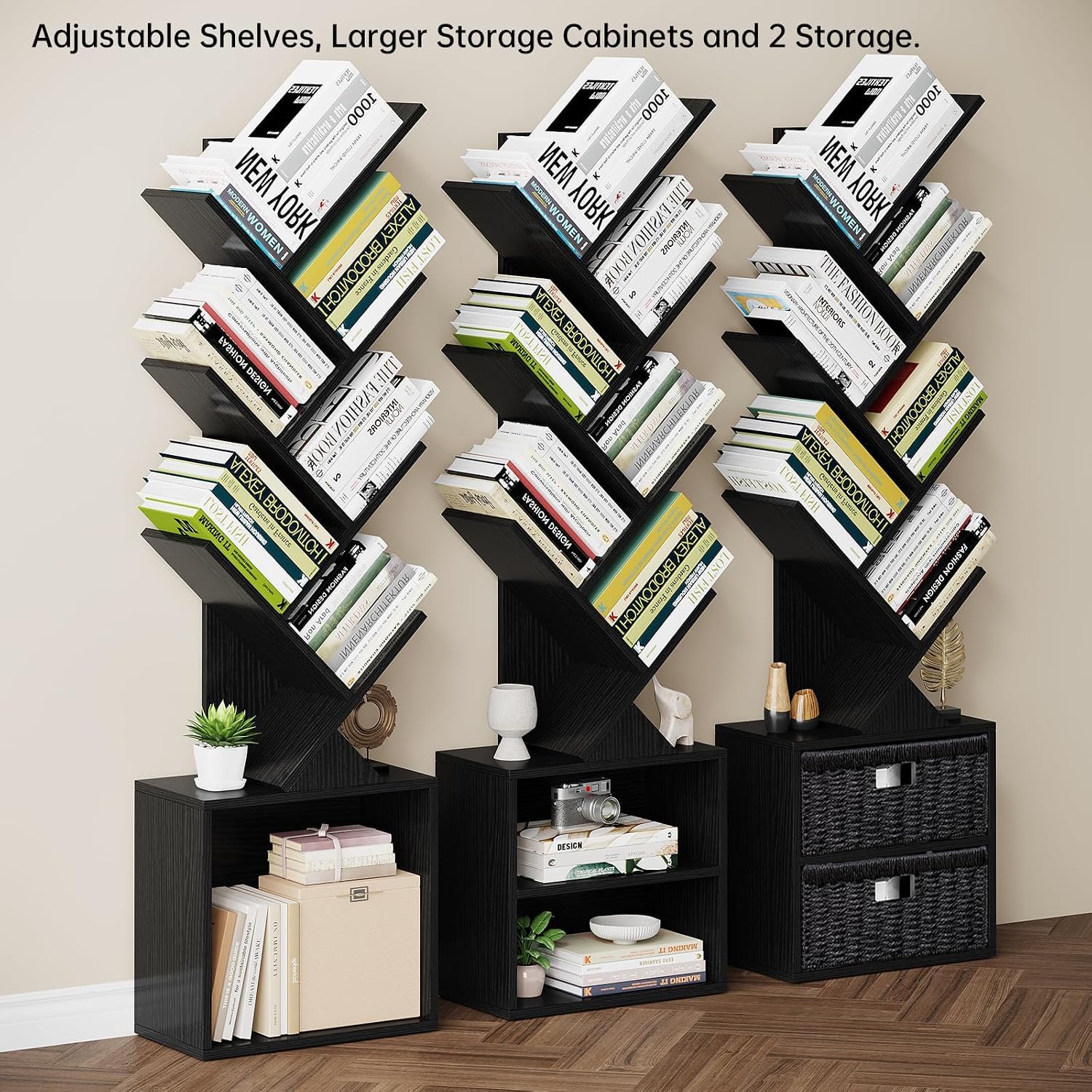 Vagusicc 6 Tier Tree Bookshelf, Modern Floor Standing Bookcase with Storage Drawer, Space Saving Storage Organizer Book Shelves for Books