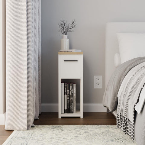 ComfortCove Narrow Bedside Table with Storage Shelf & Handle, White/Oak