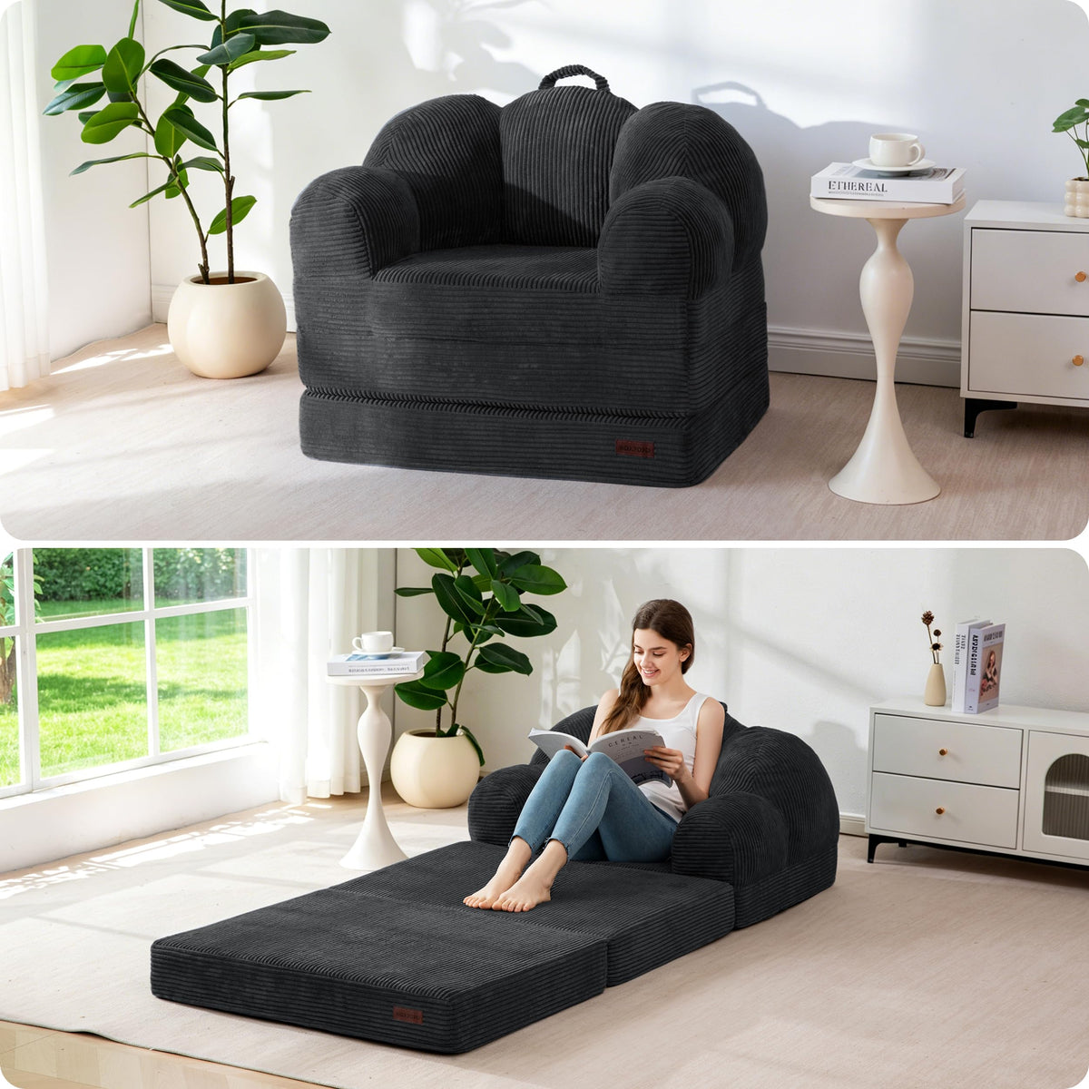 MAXYOYO Folding Sofa Bed with Backrest, Floral Shaped 2 in 1 Convertible Sofa to Comfy Faux Fur Bean Bag Chair for Adults