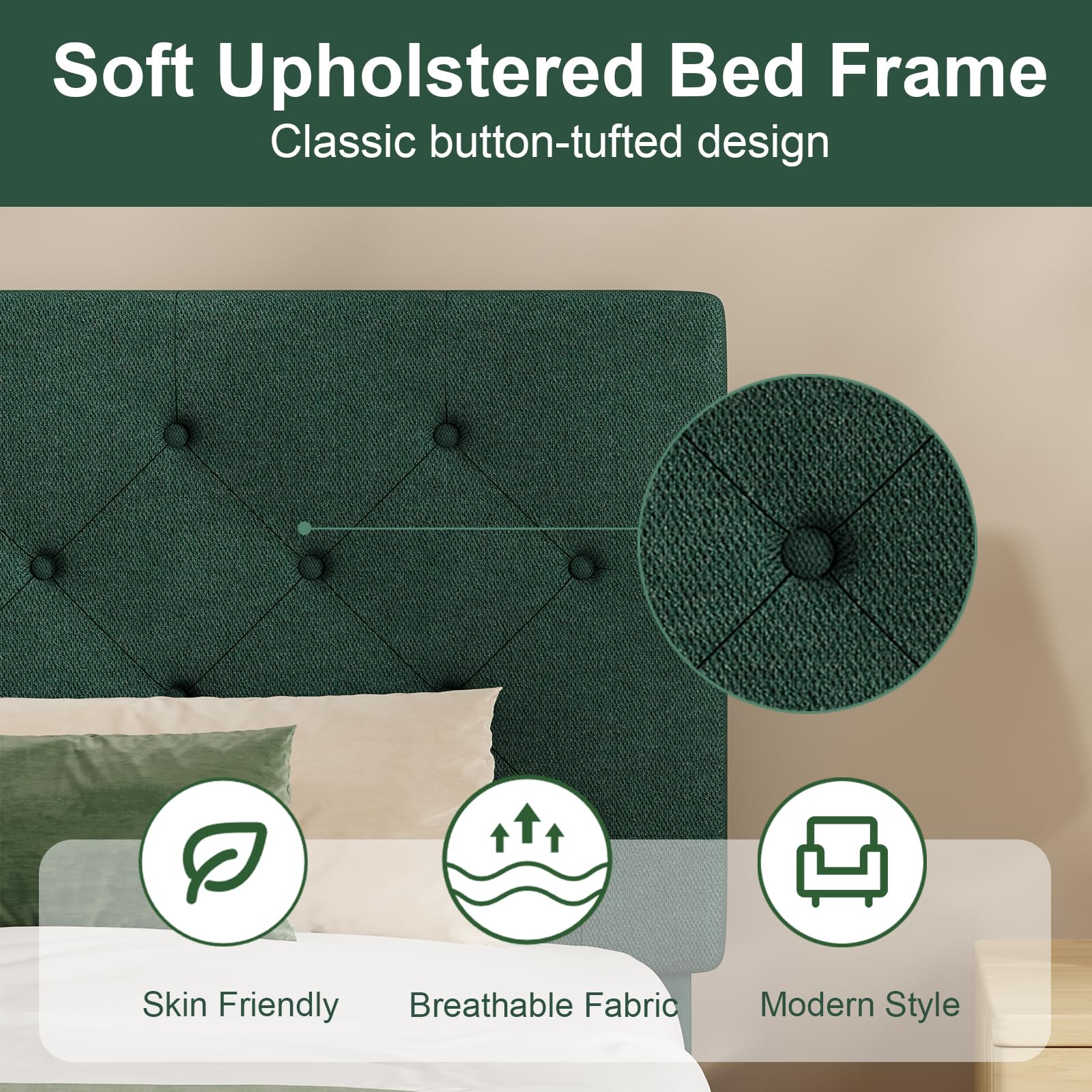 HOMBCK Single Bed Frame, 90 x 190 cm, with Adjustable Upholstered Headboard, Heavy Duty 256kg Weight Capacity, Easy Assembly, No Box Spring Needed