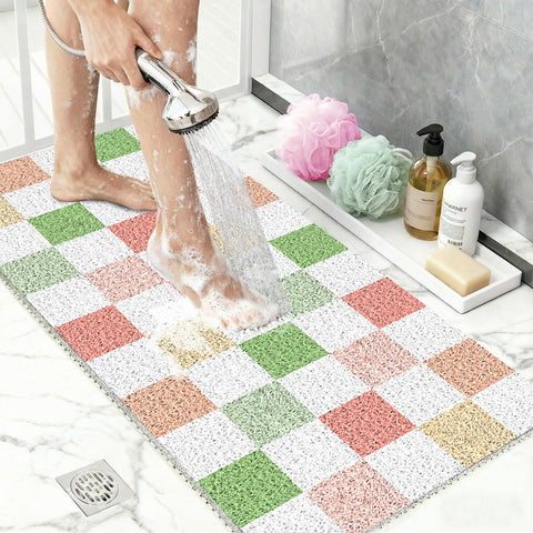 BLESWIN Shower Mat Non Slip 40x80CM, Checkered Shower Quick Dry Mats with Drain, Large Quick Dry PVC Bath Mat for Inside Shower