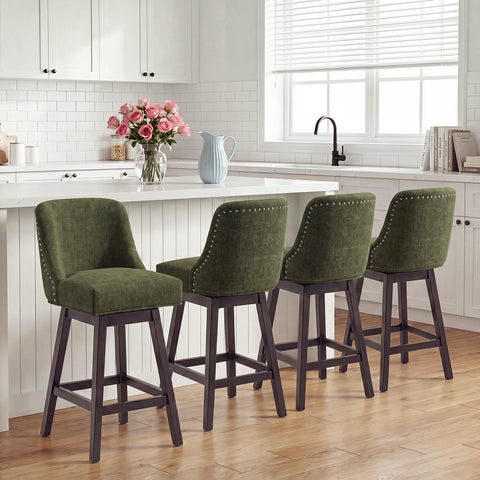 Bar Stools Set of 4, 360° Swivel Upholstered Counter Stools with Back, Wooden Frame Kitchen Bar Chairs with Nailhead Trim