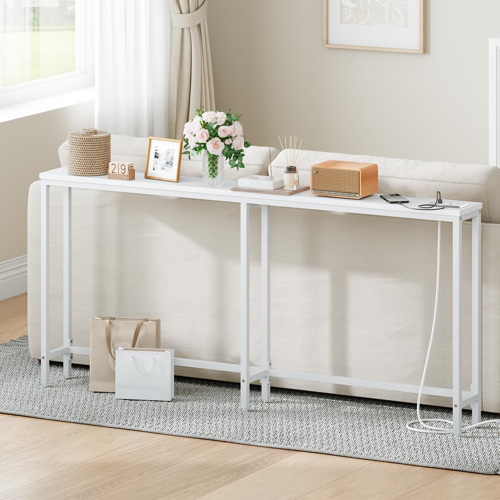 HOOBRO Slim Console Table with Charging Station, 180 cm Long Hallway Table with USB Ports, Behind Sofa Table Narrow for Hallway, Entryway, Foyer
