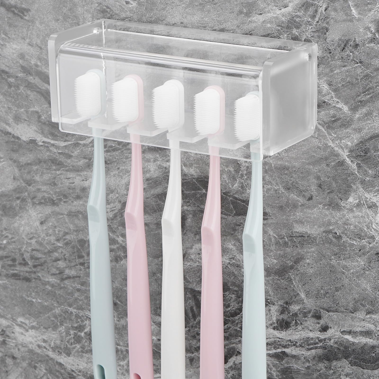 5 Slots Wall Mount Toothbrush Holder with Cover, Self Adhesive Toothbrush Storage Organizer for Shower, Toothbrush Hanger for Bathroom