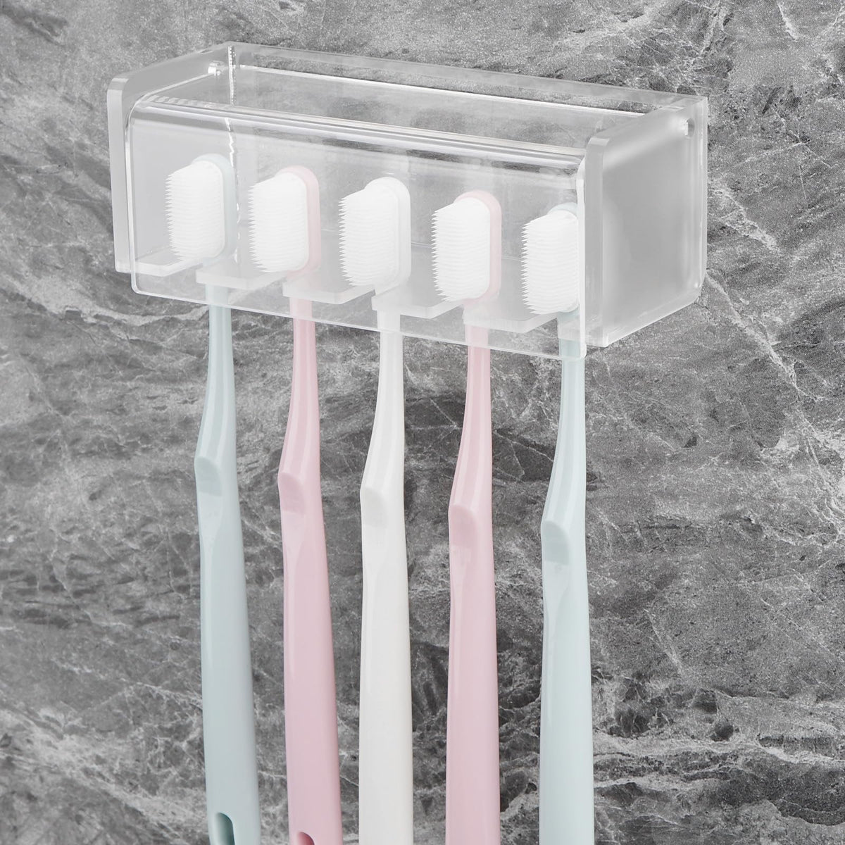 5 Slots Wall Mount Toothbrush Holder with Cover, Self Adhesive Toothbrush Storage Organizer for Shower, Toothbrush Hanger for Bathroom