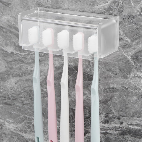 5 Slots Wall Mount Toothbrush Holder with Cover, Self Adhesive Toothbrush Storage Organizer for Shower, Toothbrush Hanger for Bathroom