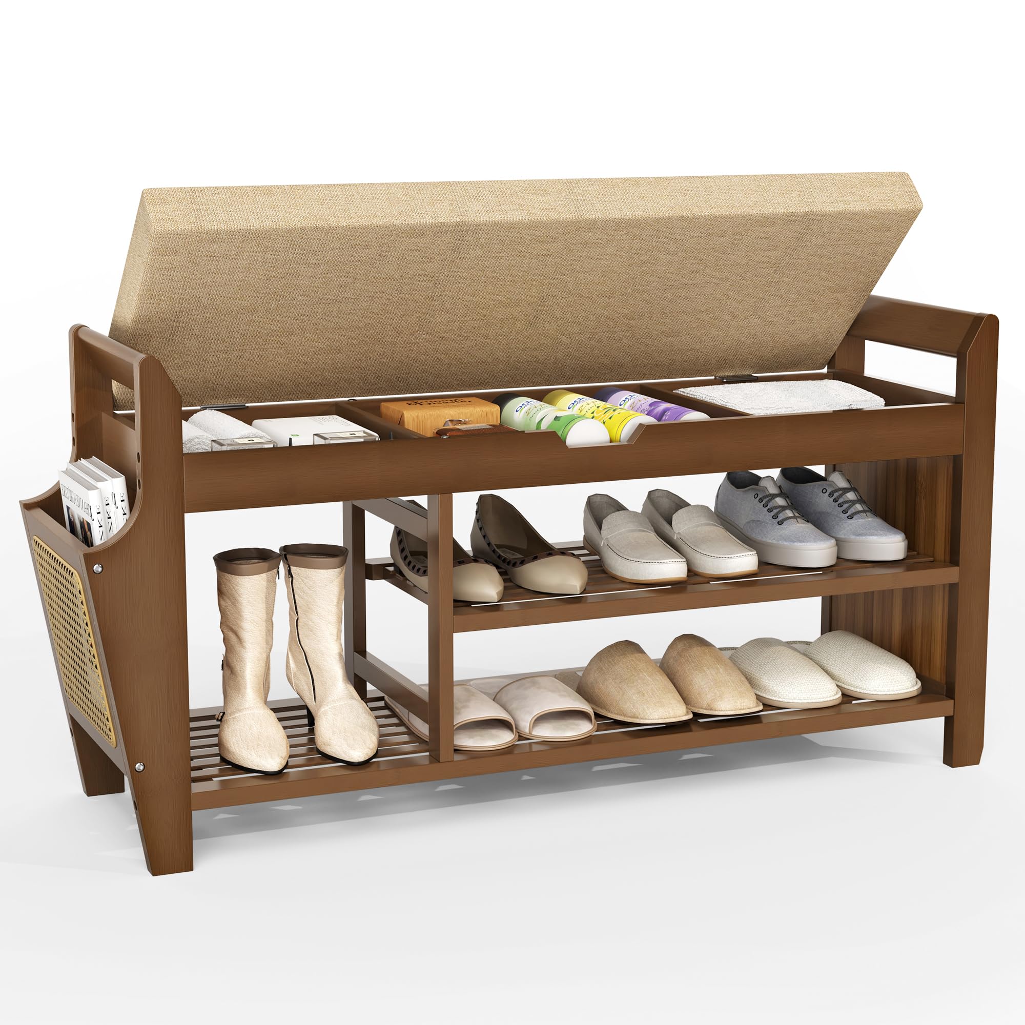 Pamapic Shoe Storage Bench, Bamboo Shoe Bench with Padded Seat, Shoe Storage Cabinet with 3 Compartments, Hidden Storage, Shelf for Entryway