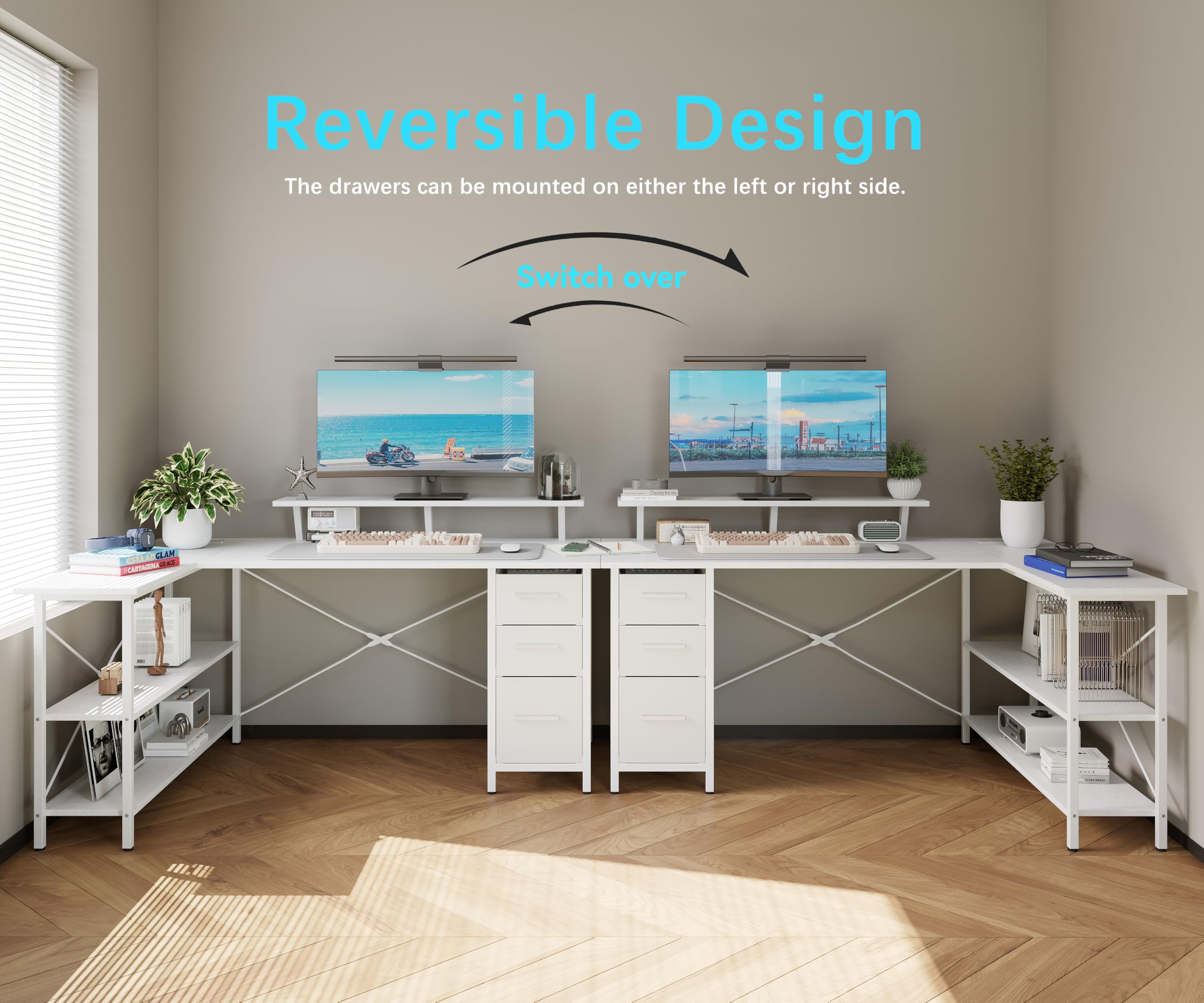 Xyphren Corner Computer Desk with Drawers, 120x80cm Reversible L Shaped Desk with Power Outlet, Home Office Desk with Monitor Stand and PC Stand