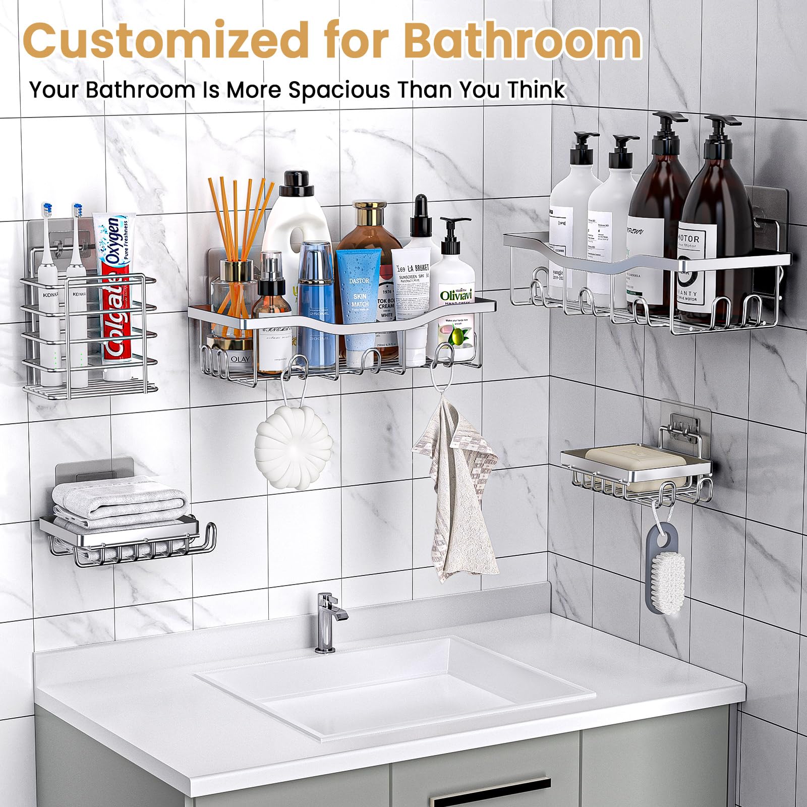 Deyhoc Rustproof Stainless Steel Shower Caddy 5 Pack - Silver