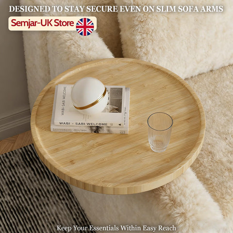 Semjar Bamboo Sofa Arm Tray Table,Adjustable Couch Armchair Tray for Thin & Wide Couches Arms,Round Wooden Sofa Armrest Side Table Couch Caddy Cup