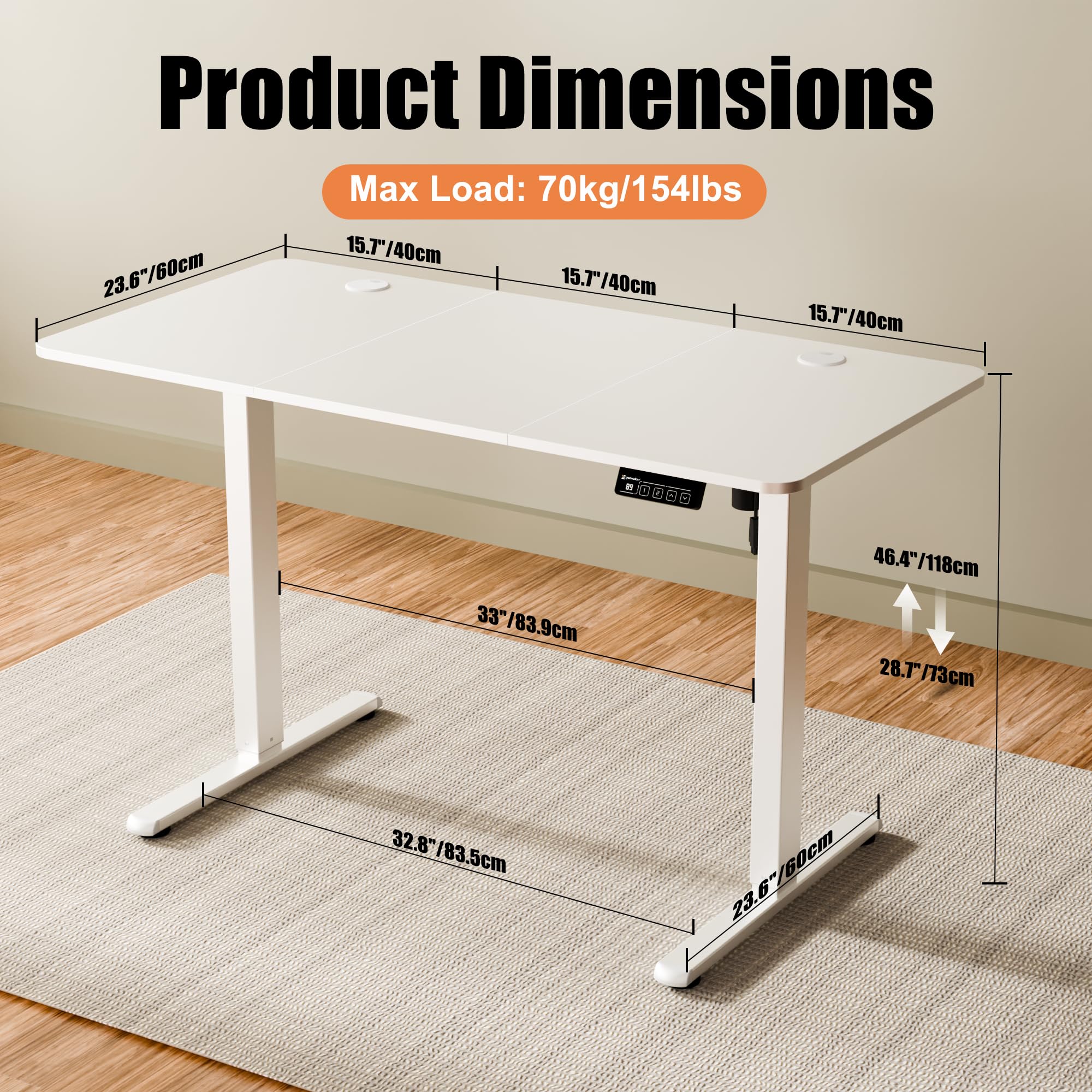 ERGOMAKER Electric Standing Desk 120x60cm, 2 Memory Presets, White