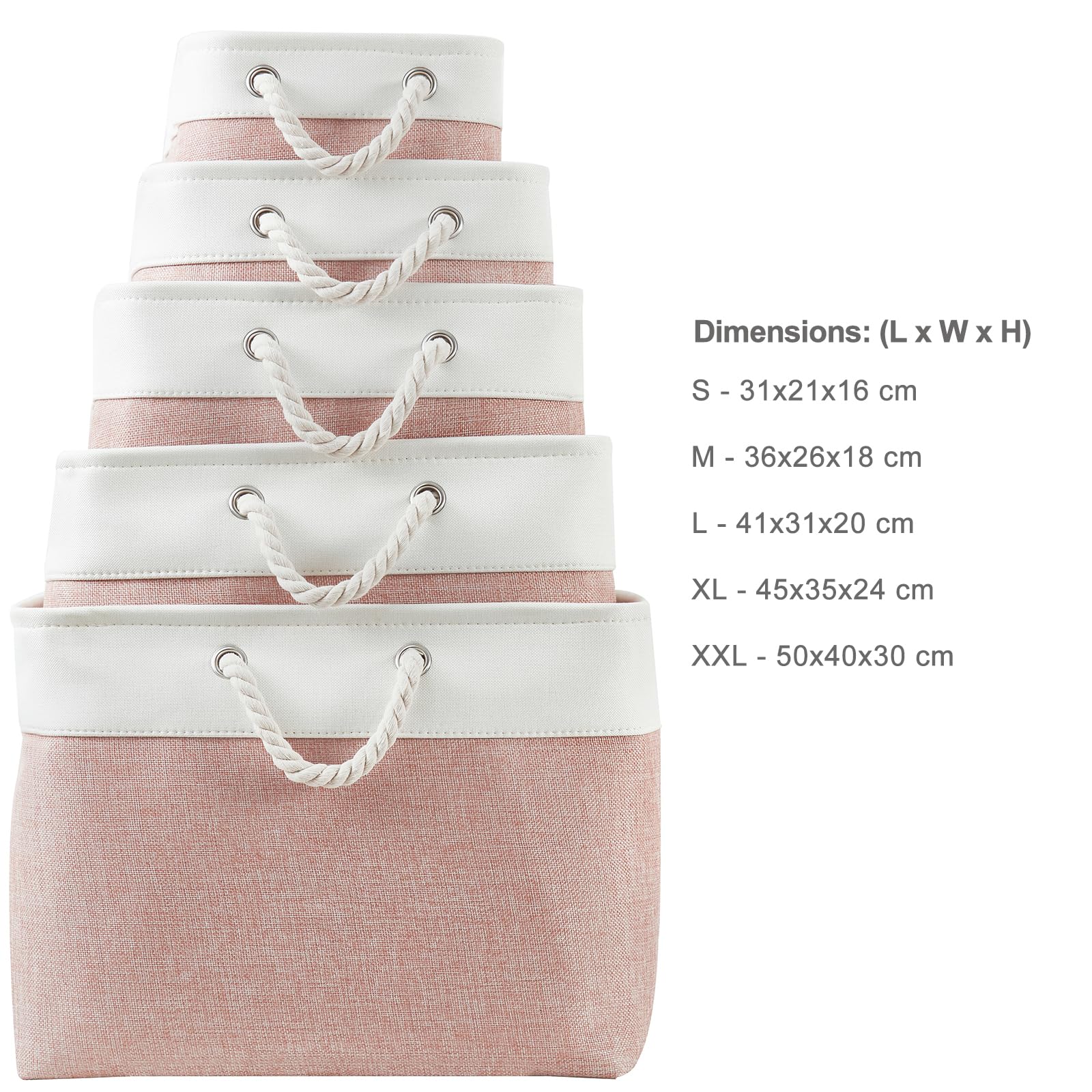 Mangata Soft Fabric Storage Boxes, Multi-Size, Rectangular Container Baskets for Shelf, Wardrobe, Toys and Clothes, 41x31x18 cm, Pink and White