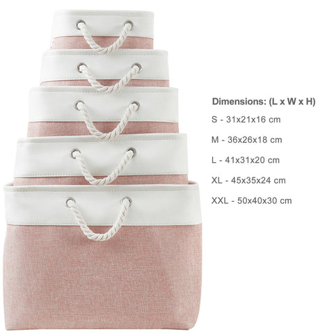 Mangata Soft Fabric Storage Boxes, Multi-Size, Rectangular Container Baskets for Shelf, Wardrobe, Toys and Clothes, 41x31x18 cm, Pink and White