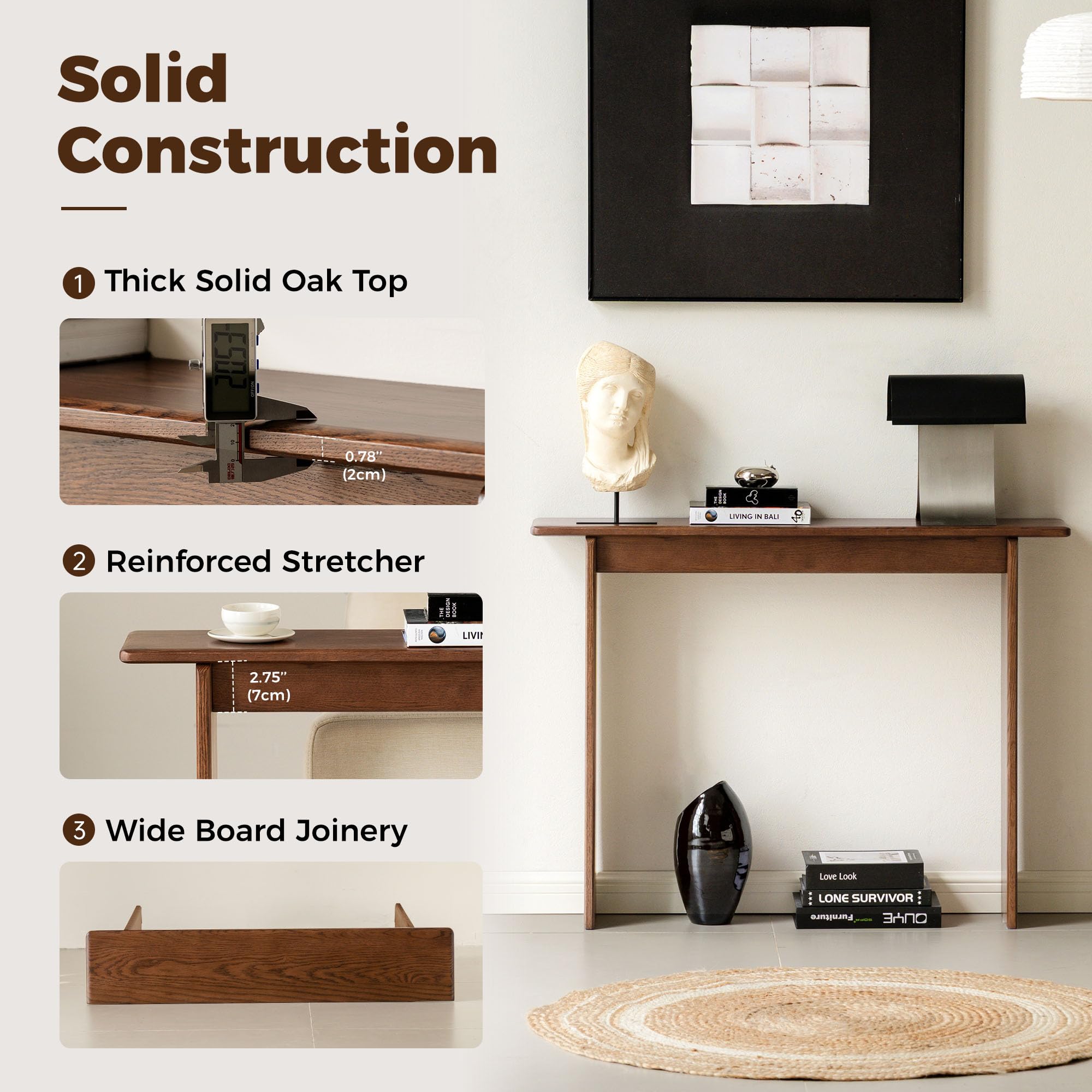 YESWOOD Solid Wood Console Table for Entryway, Narrow Entrance Table for Small Spaces, Modern Entryway Table with Wall-Fit Design