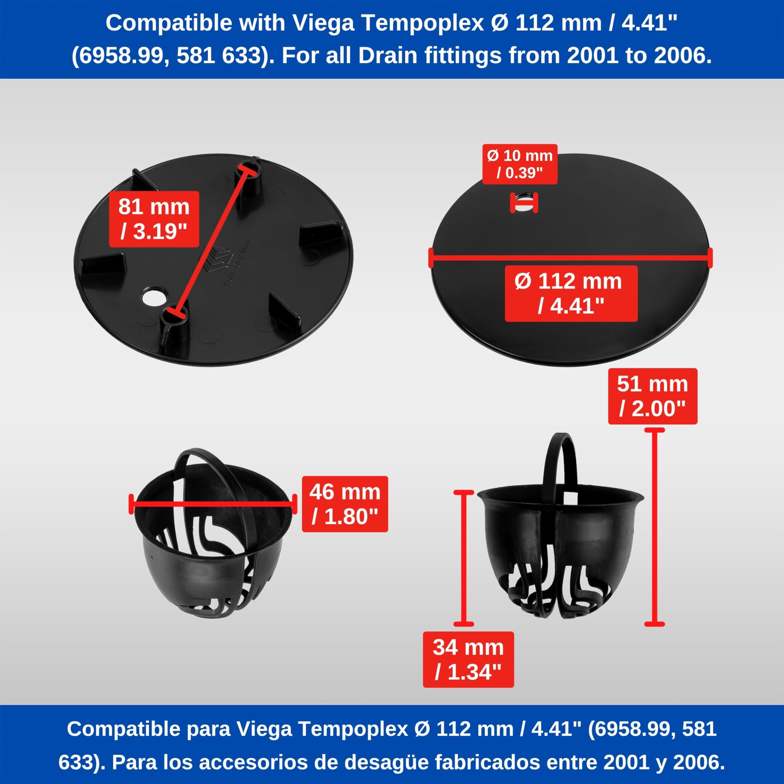 Cover Set with Hair Strainer for Shower Drain, Ø 112 mm, Compatible with Viega Tempoplex Drain Year 2001-2006, Black ABS ASA Cover, Hair Filter