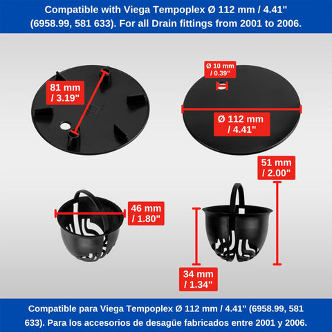 Cover Set with Hair Strainer for Shower Drain, Ø 112 mm, Compatible with Viega Tempoplex Drain Year 2001-2006, Black ABS ASA Cover, Hair Filter