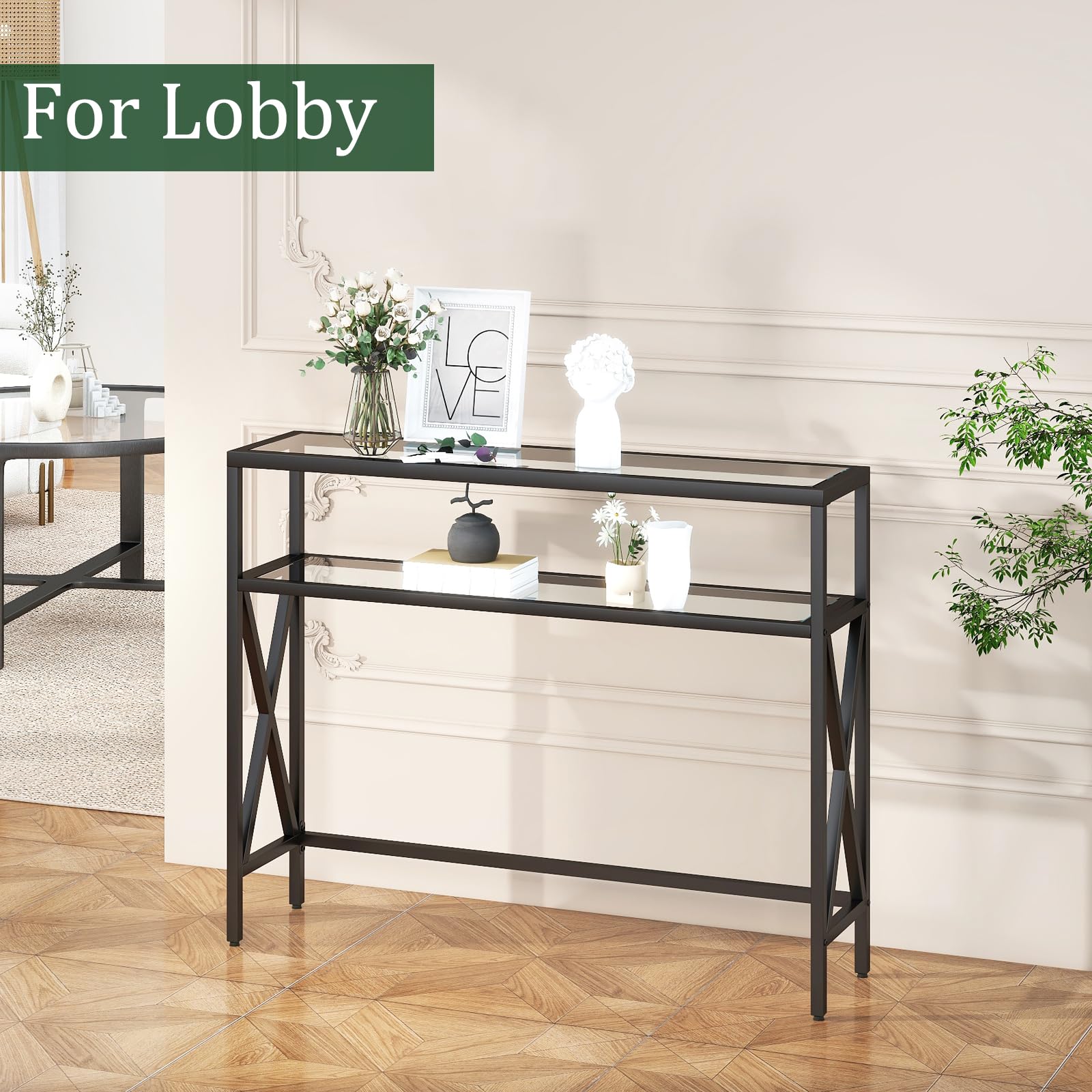 YMYNY Console Table, Tempered Glass Sofa Table, Industrial Entryway for Hallway, Narrow With Shelves, Compact Display for Small Spaces