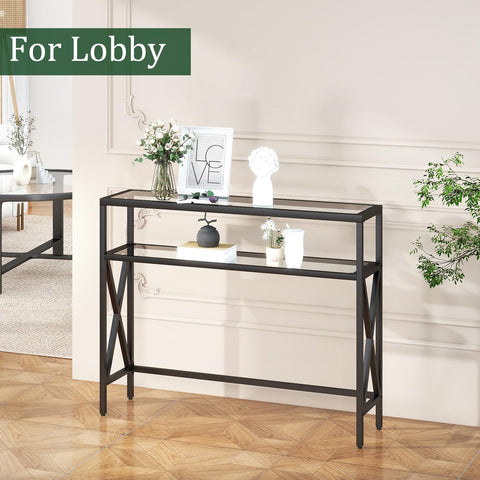 YMYNY Console Table, Tempered Glass Sofa Table, Industrial Entryway for Hallway, Narrow With Shelves, Compact Display for Small Spaces