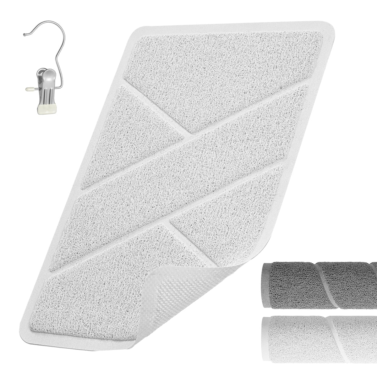 XIYUNTE Soft Shower Mat Non Slip Anti Mould, Loofah Bath Mat with Heat-Pressed Edging 60x40cm, INCL. Hooks for Drying