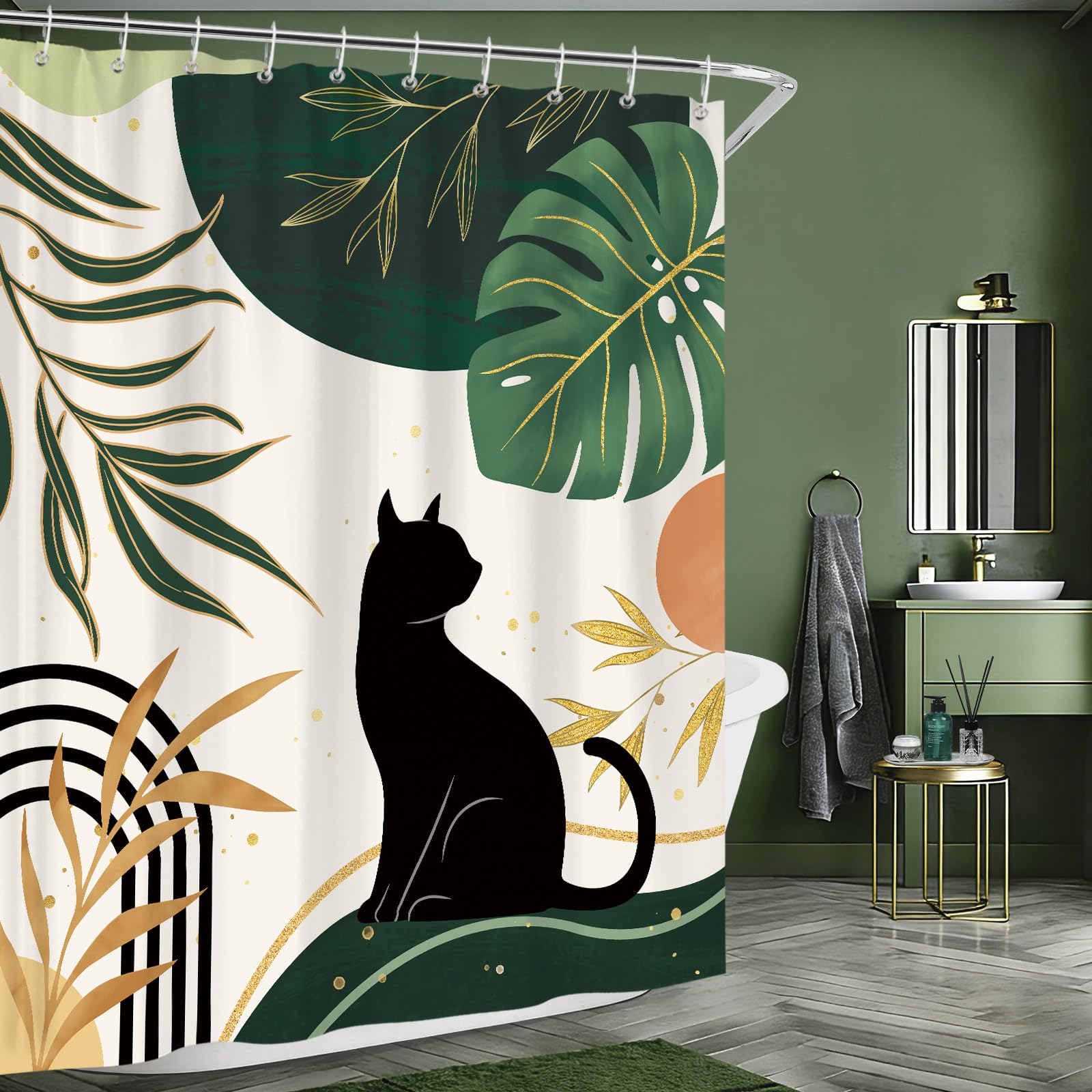 hometrixx Boho Black Cat Palm Leaf Sun Shower Curtain Green 72X78Inch