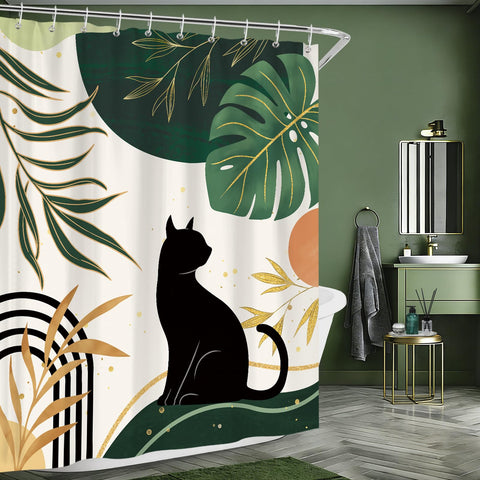 hometrixx Boho Black Cat Palm Leaf Sun Shower Curtain Green 72X78Inch