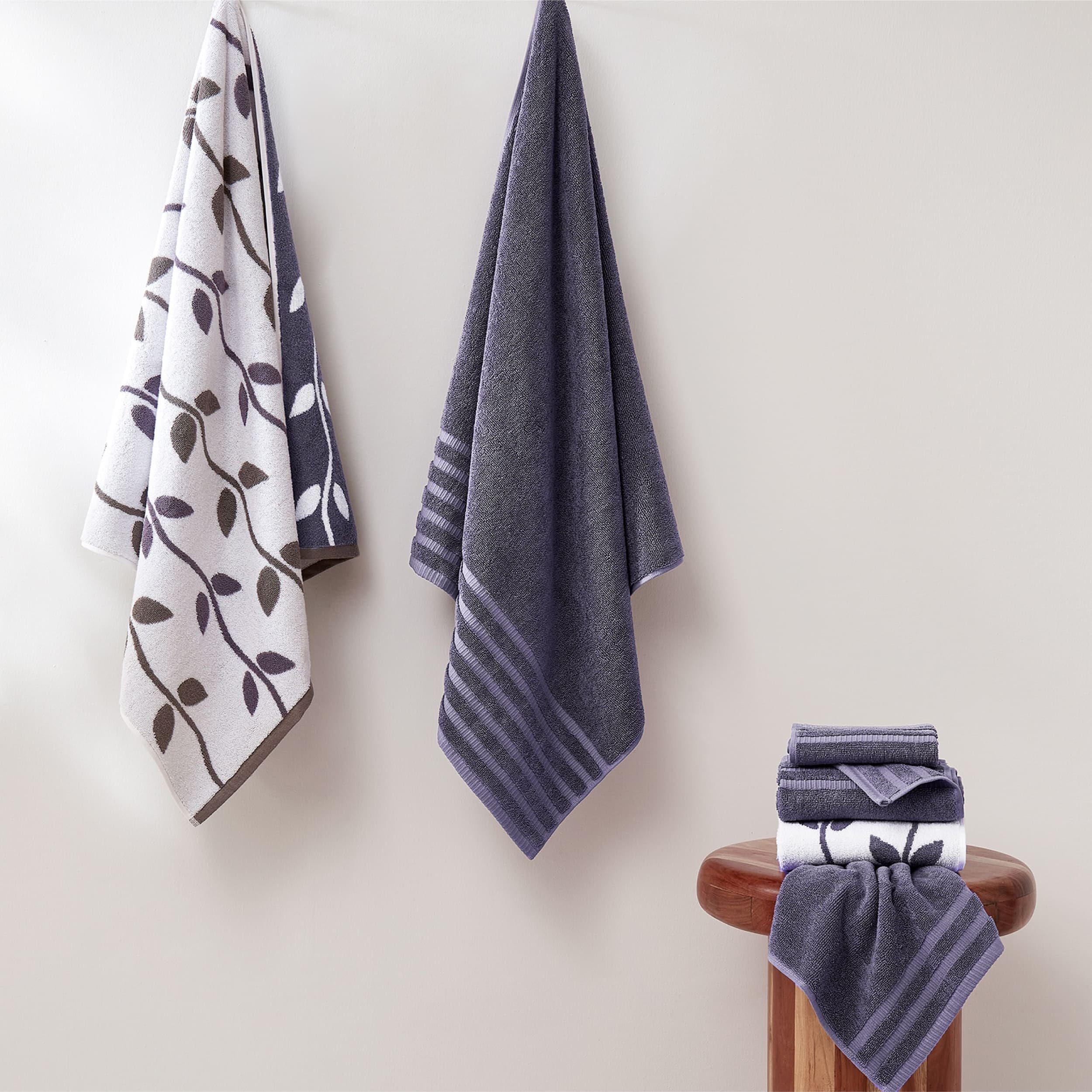 Amrapur 6 pc Yarn Dyed towel Organic Vines Grey Lavender, Cotton, Single
