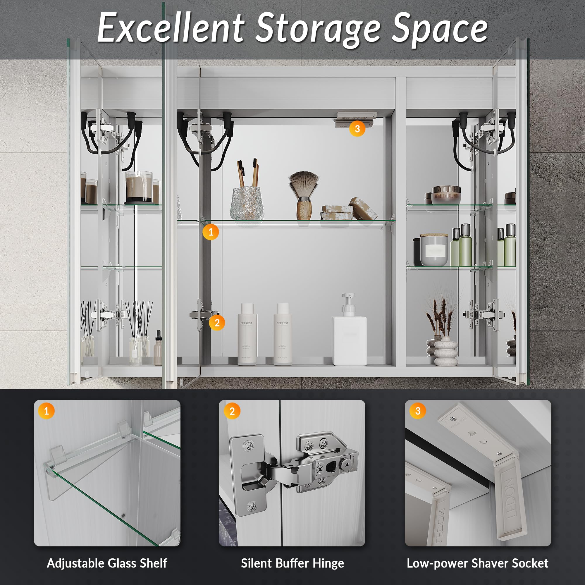 ELEGANT LED Bathroom Mirror Cabinet with Shaver Socket & 3 Colors, 80x60cm