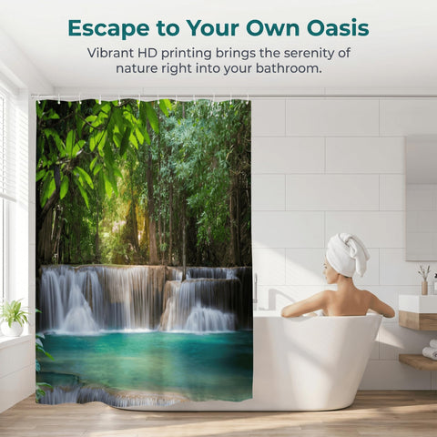 goodbath Garden Shower Curtain Outdoor Waterfalls, 3D Nature Scenery Landscape Forest Trees Bath Curtains for Bathroom Fence Wall, 180 x 180 cm