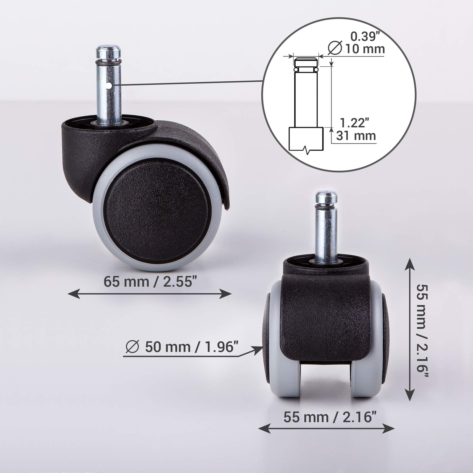 (for 1 Chair) 50 mm Rubber Chair Wheels Office Chair Castors Replacement Wheels Twin Castors Swivel Wheels Universal Stems for Replacement Casters No