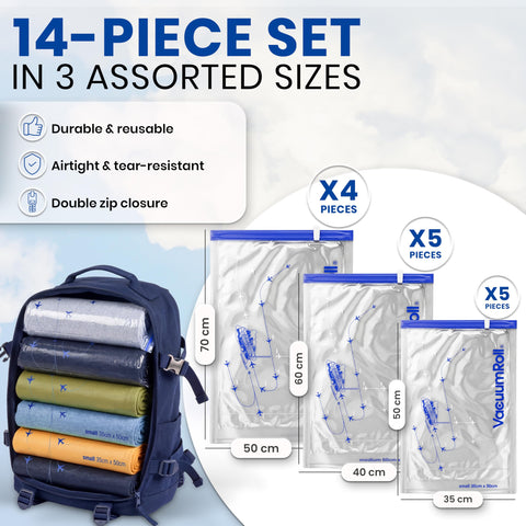 myHodo Vacuum Compression Bags for Rolling (14 Pieces) - Versatile Travel Bags for Suitcase & Backpack, Reusable Storage Solution, Durable & Hygienic