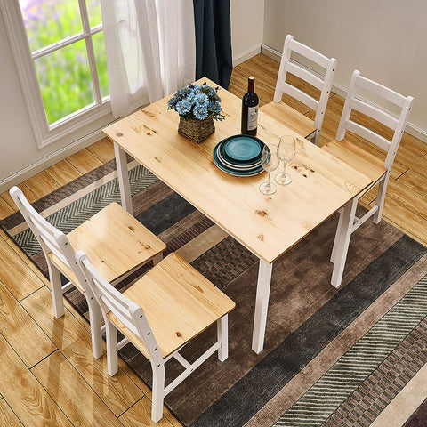 Panana Pine Wood Dining Table and 4 Chairs Set, 5-Piece Home Kitchen Furniture Set (Natural White)