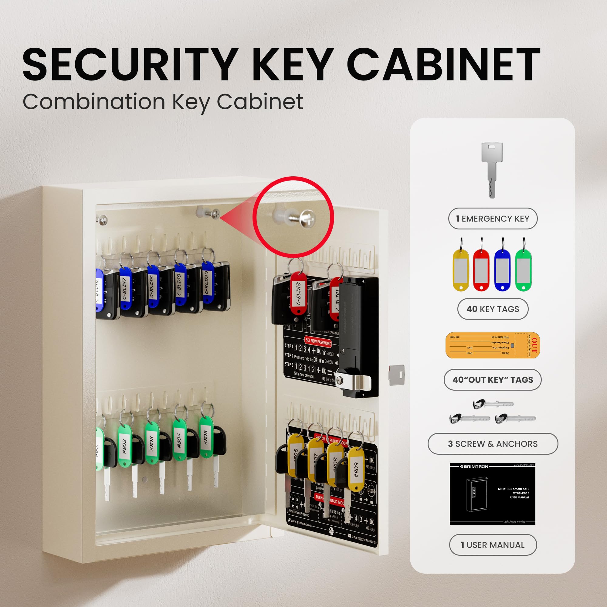 Grimtron Electronic 40 Key Safe Wall Mounted, Beige Key Lock Box With Code