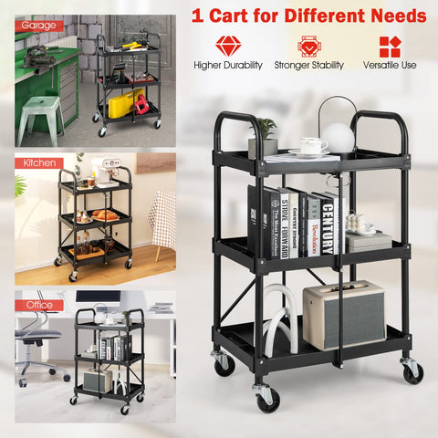 GiantexUK 3-Tier Folding Tool Trolley, Metal Frame Service Cart with Wheels, Tool Grooves & Handles