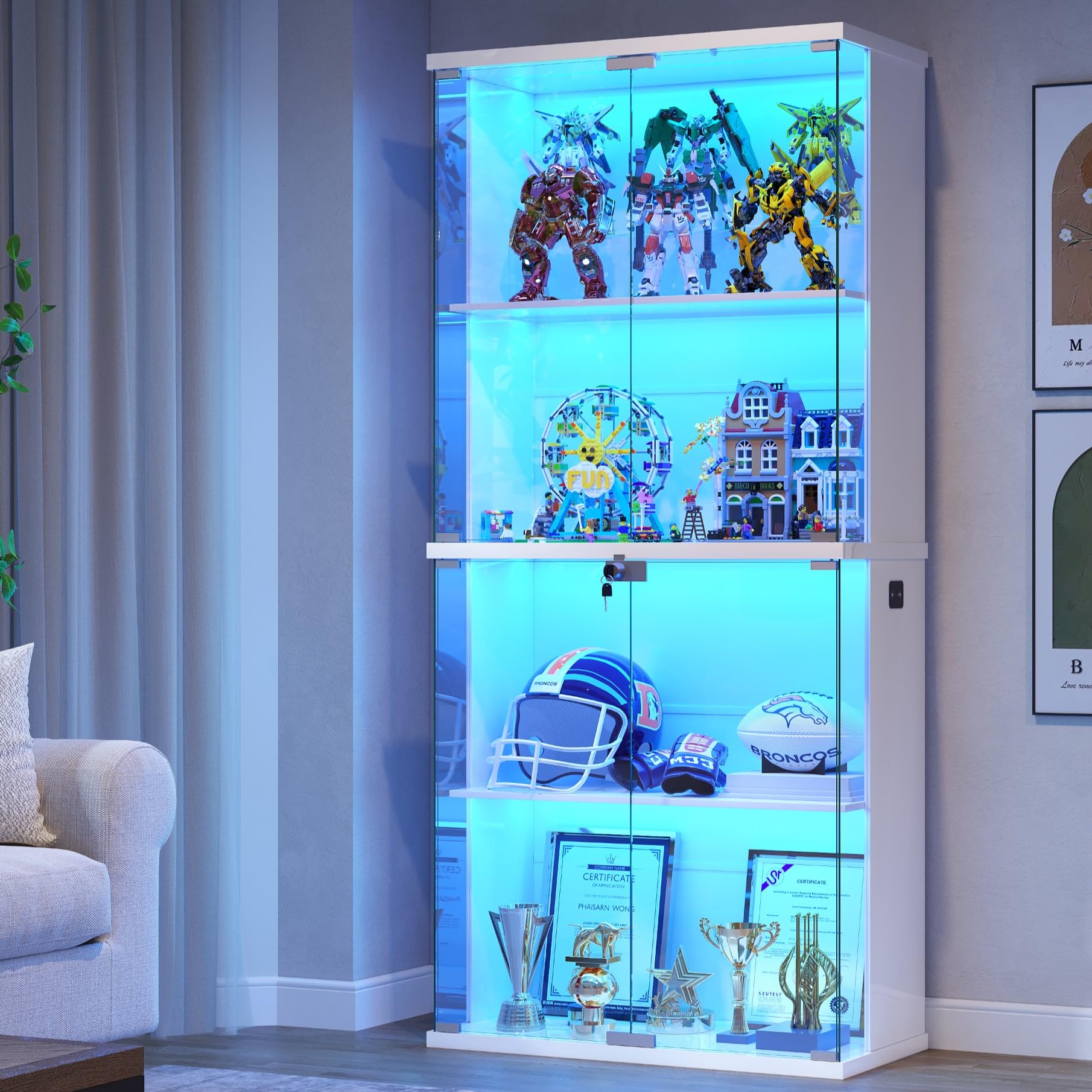 Gurexl Display Cabinets with Lockable and Glass Door for Collectibles,White