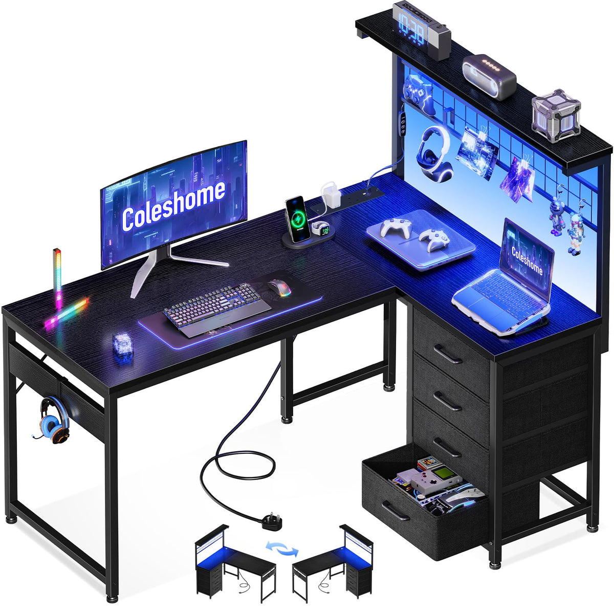 Coleshome L Shaped Gaming Desk with Drawers & Shelf, 110 × 80 cm