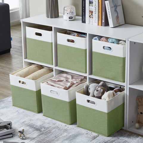 SOCOHOME Fabric Cube Storage Boxes,33x38x33cm Foldable Storage Baskets for Shelf Nursery Closet(Green/White, Set of 3)