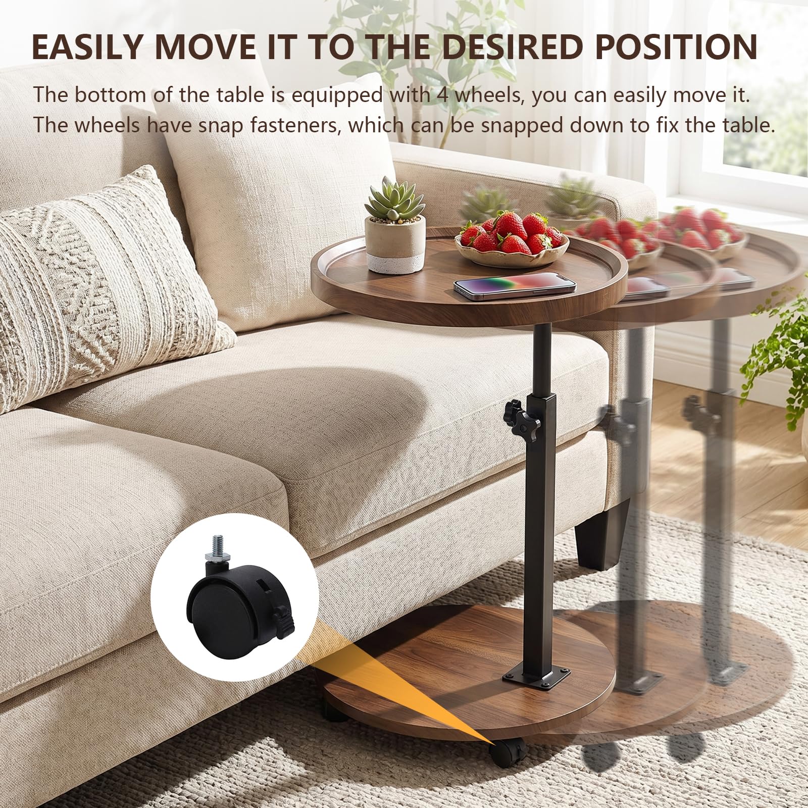 OUAYEMEL Side Table Adjustable Height, 360°Swivel End/Bedside Tables with Wheels for Sofa Bedroom Office Living Room, Coffee Tables for Small Spaces