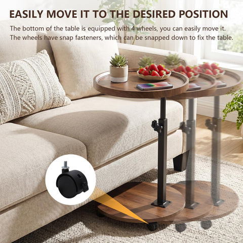 OUAYEMEL Side Table Adjustable Height, 360°Swivel End/Bedside Tables with Wheels for Sofa Bedroom Office Living Room, Coffee Tables for Small Spaces