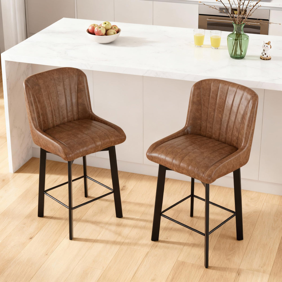 BonVache Bar Stools Set of 2, Swivel Breakfast Barstools, Kitchen Island Counter Stools for Breakfast Home Kitchen Restaurant Dining Room, Brown