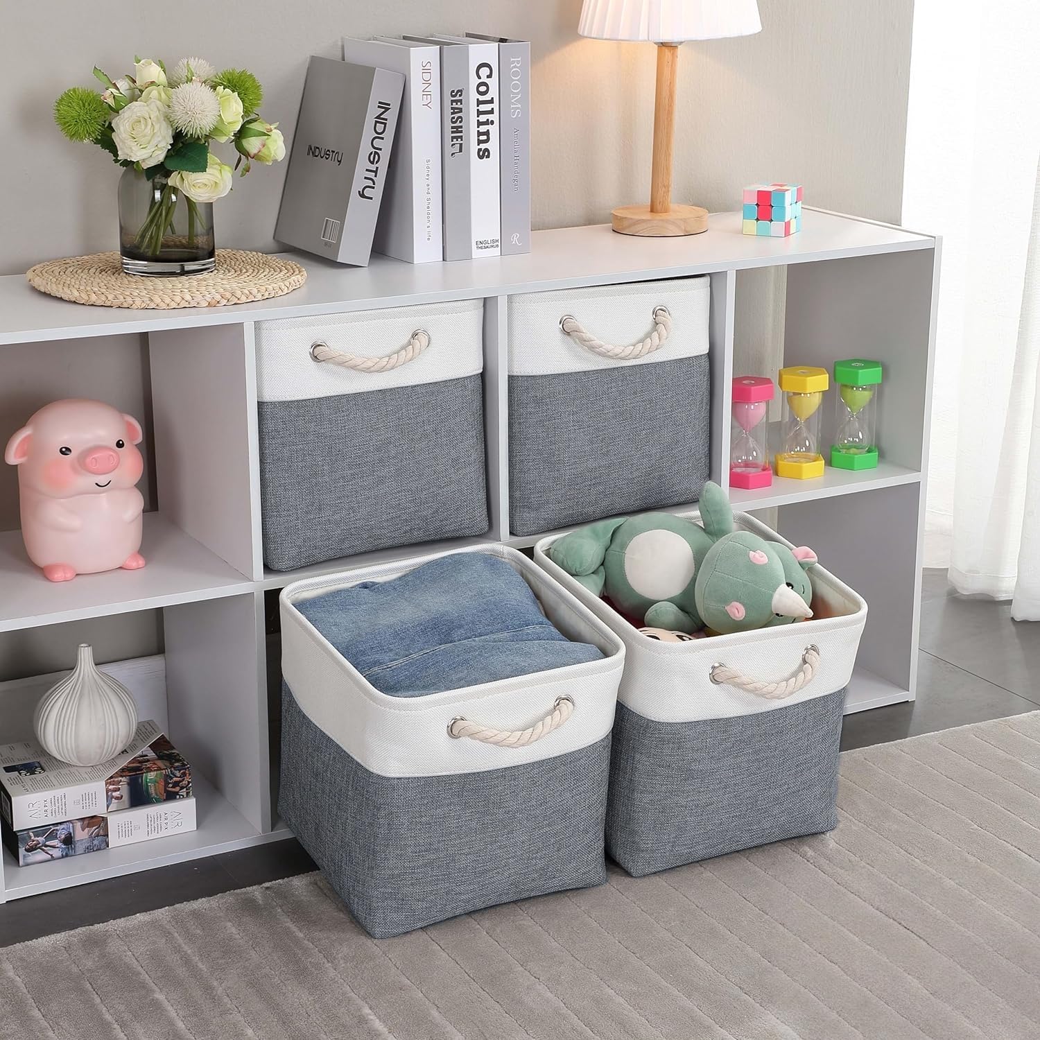 Mangata Canvas Storage Boxes, 28x28x28cm Fabric Storage Baskets for Shelves Organizing Clothes Nursery Home (Cold Grey&White, Set of 3)