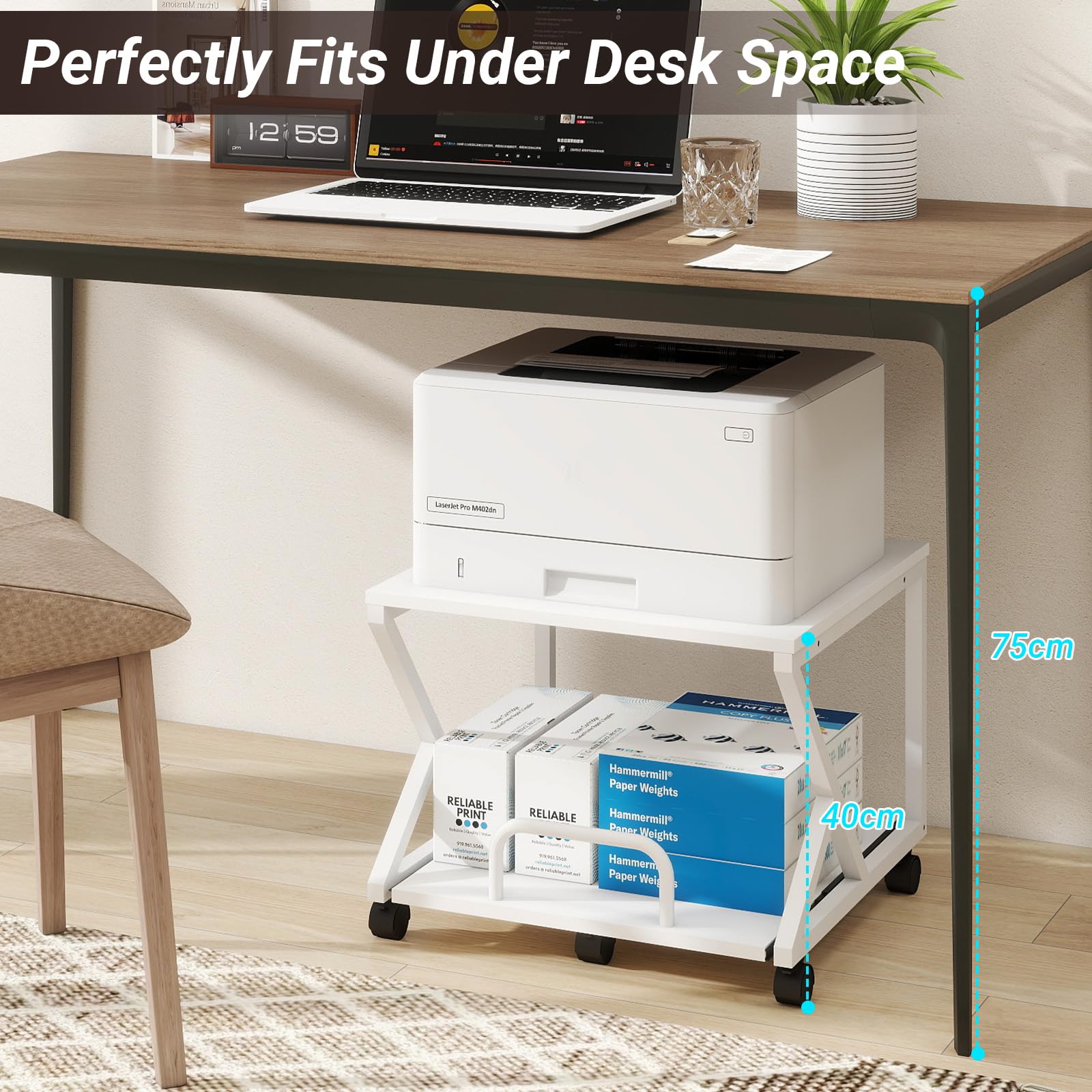 PUNCIA 50x50cm 2-Tier Printer Stand with Pull Out Shelf White