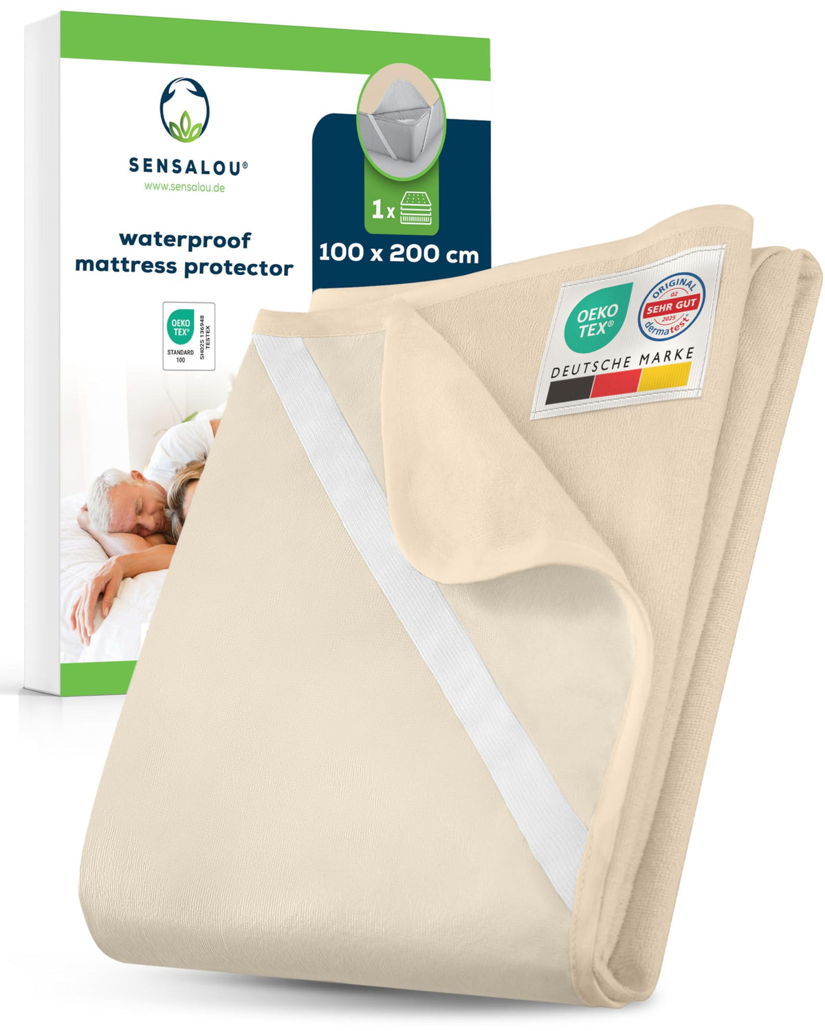 Sensalou Waterproof Mattress Protector 100 x 200 cm Beige – Mattress Cover for Single Bed