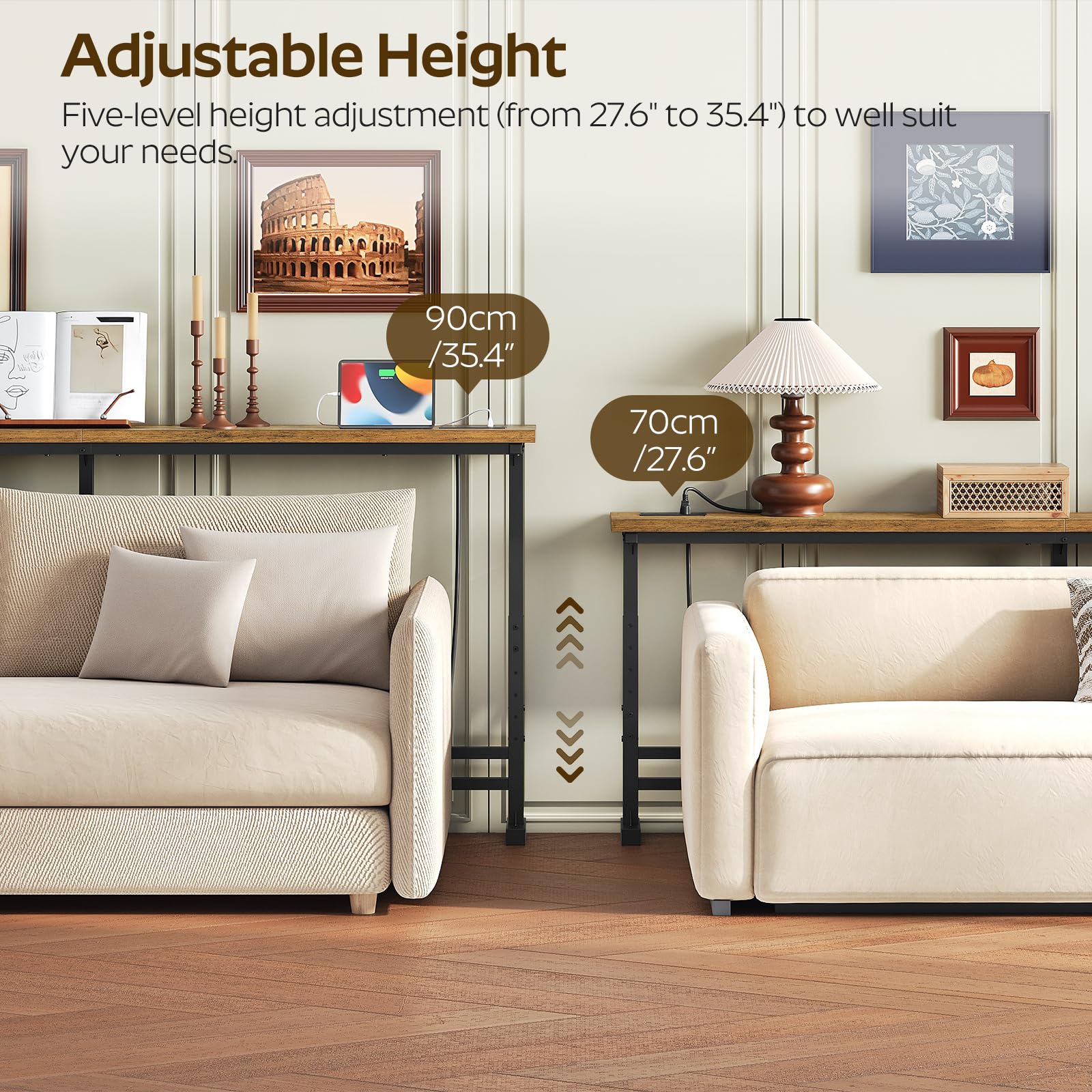 YATINEY 15 cm Slim Console Table, Height-Adjustable Behind Sofa Table, 200 cm Hallway Table, Narrow Long Sofa Table with Power Outlet