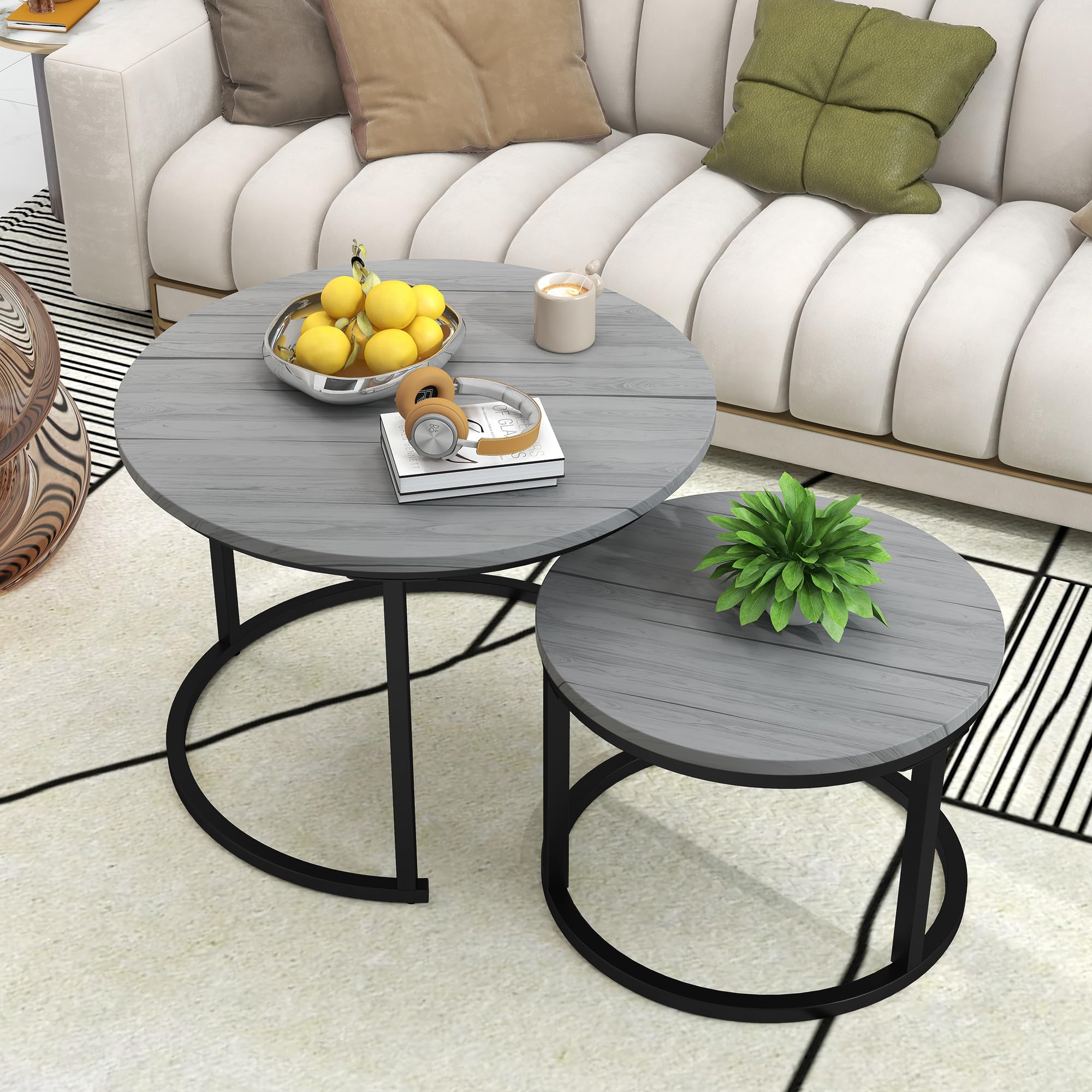 DUMEE Round Coffee Table, Set of 2 Nesting Table Side Table, for Living Room/Bedroom/Balcony (Grey, Dia 60/40cm)