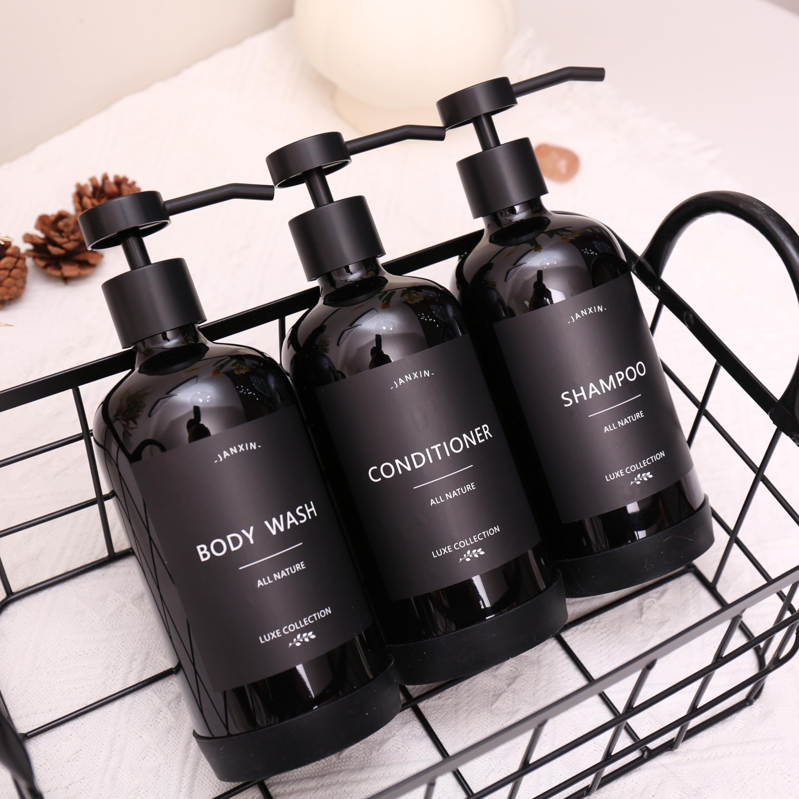 Janxin Shampoo and Conditioner Dispenser Set of 3,Refillable 21oz Shampoo Bottles with Non-Slip Protective Silicone Pad,Shower Soap Dispenser with